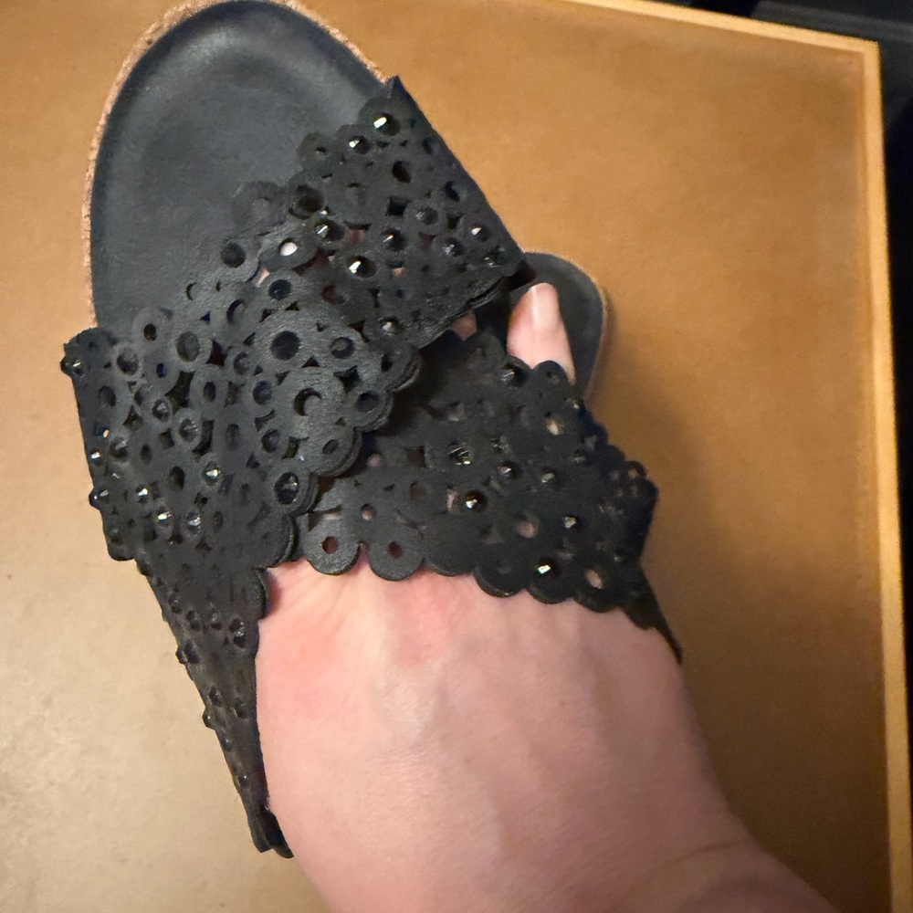 12w Lane Bryant Black Laser-Cut Slide Sandals with Floral Cutouts - Picture 2 of 8